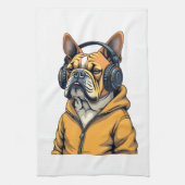 Vintage Bulldog in Headphones Wearing Hoodie Music Geschirrtuch (Vertikal)