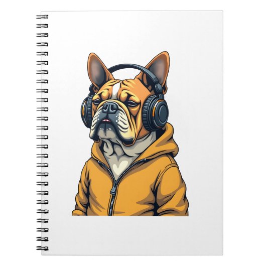 Vintage Bulldog in Headphones Wearing Hoodie Music Notizblock (Vorderseite)
