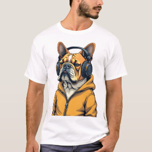 Vintage Bulldog mit Kopfhörern trägt Hoodie Musik T-Shirt