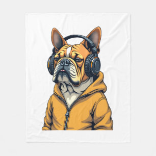 Vintage Bulldogge mit Kopfhörern trägt Hoodie Musi Fleecedecke