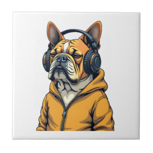 Vintage Bulldogge mit Kopfhörern trägt Hoodie Musi Fliese