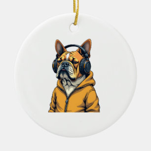 Vintage Bulldogge mit Kopfhörern trägt Hoodie Musi Keramik Ornament