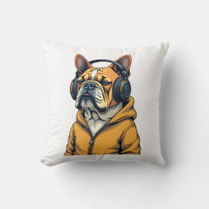 Vintage Bulldogge mit Kopfhörern trägt Hoodie Musi Kissen