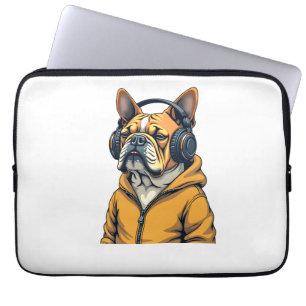 Vintage Bulldogge mit Kopfhörern trägt Hoodie Musi Laptopschutzhülle