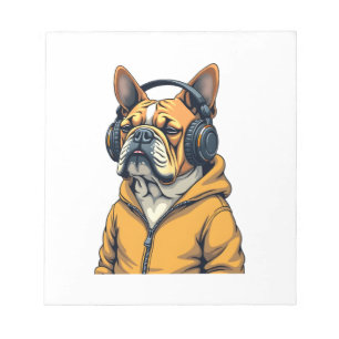Vintage Bulldogge mit Kopfhörern trägt Hoodie Musi Notizblock