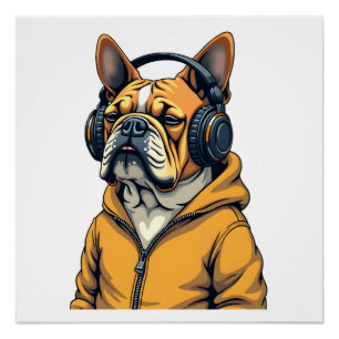 Vintage Bulldogge mit Kopfhörern trägt Hoodie Musi Poster