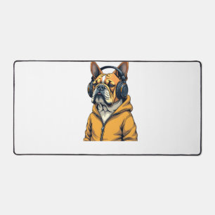 Vintage Bulldogge mit Kopfhörern trägt Hoodie Musi Schreibtischunterlage