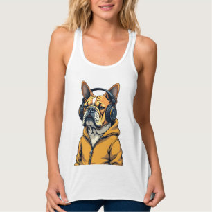 Vintage Bulldogge mit Kopfhörern trägt Hoodie Musi Tank Top