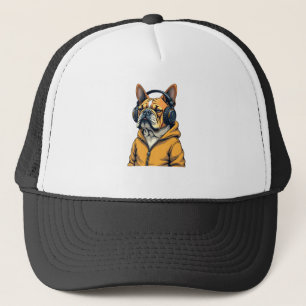 Vintage Bulldogge mit Kopfhörern trägt Hoodie Musi Truckerkappe