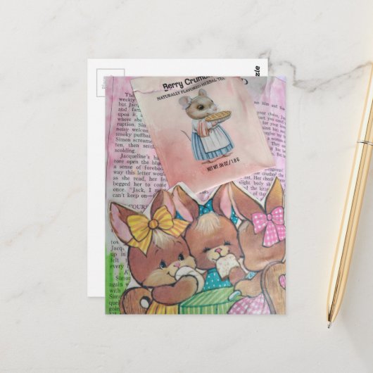 Vintage Bunnies and Mouse Collage Postkarte (Vorderseite/Rückseite Beispiel)