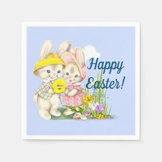 Vintage Bunnies & Blume Frohe Ostern Serviette (Vorderseite)