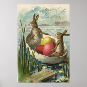 Vintage Bunnies in Boat, Liebe Ostergruß Poster
