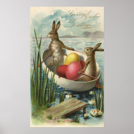 Vintage Bunnies in Boat, Liebe Ostergruß Poster (Vorne)