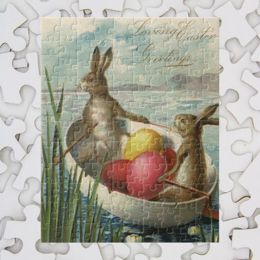 Vintage Bunnies in Boat, Liebe Ostergruß Puzzle