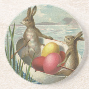 Vintage Bunnies in Boat, Loving Easter Greetings Sandstein Untersetzer