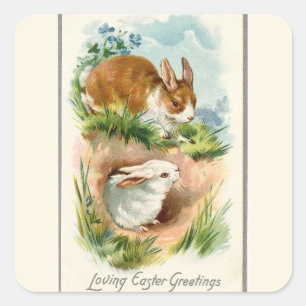 Vintage Bunnies lieben Ostern Quadratischer Aufkleber