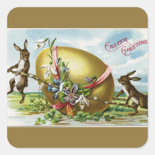 Vintage Bunnies und goldenes Ostereier Quadratischer Aufkleber
