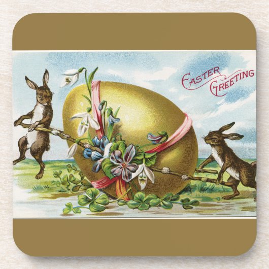 Vintage Bunnies und goldenes Ostereier Untersetzer (Vorderseite)