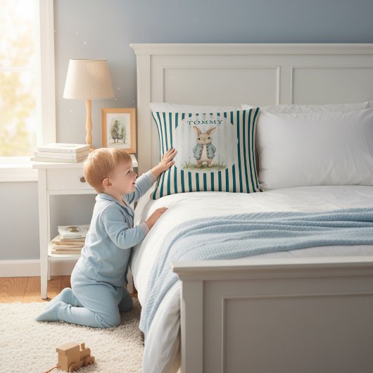 Vintage Bunny Blue Jacket Children's Name Pillow Kissen