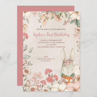 Vintage Bunny Floral 1. Geburtstag Girl Einladung