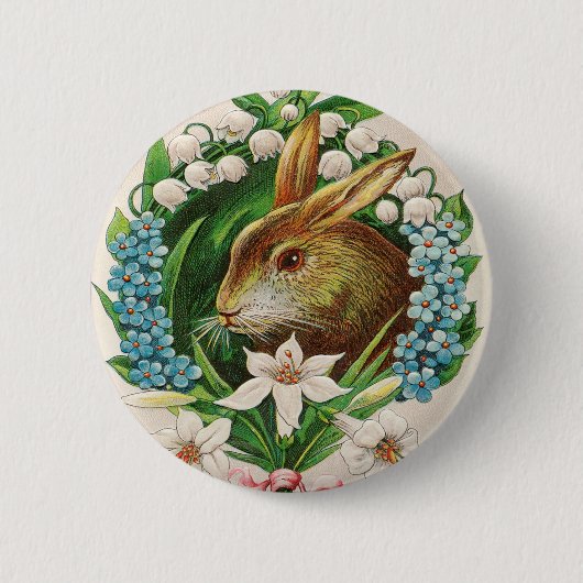 Vintage Bunny Floral Wreath Osterfeier Button (Vorderseite)