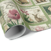 Vintage Bunny & Tulip Stamps Easter Wrapping Paper Geschenkpapier (Rolleneckpunkt)