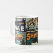 Vintage bunte Surfplakate Set mit Surfbus Kaffeetasse (Vorderseite Links)