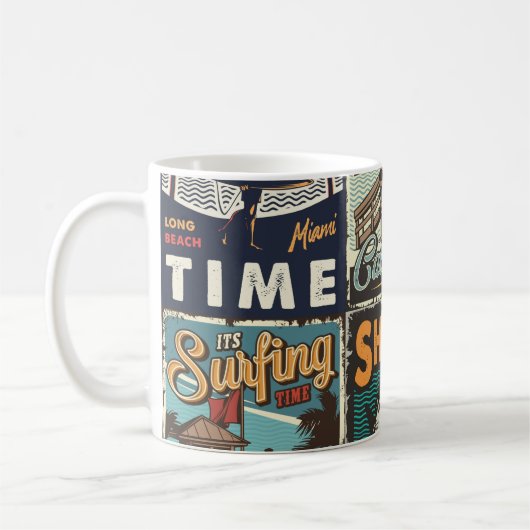 Vintage bunte Surfplakate Set mit Surfbus Kaffeetasse (Links)