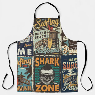 Vintage bunte Surfplakate Set mit Surfbus Schürze