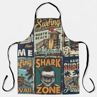 Vintage bunte Surfplakate Set mit Surfbus Schürze