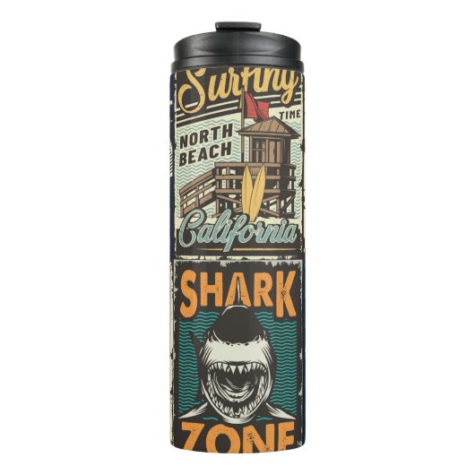 Vintage bunte Surfplakate Set mit Surfbus Thermosbecher (Vorderseite)