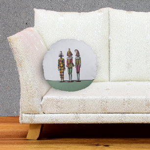 Vintage bunte wunderliche drei Narrenpuppen Rundes Kissen