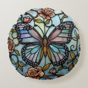 vintage Buntglas blaue Schmetterlingskunst  Rundes Kissen