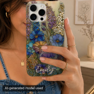 Vintage-Buntglas-Garten-Blumenmuster personalisier iPhone 16 Pro Max Hülle