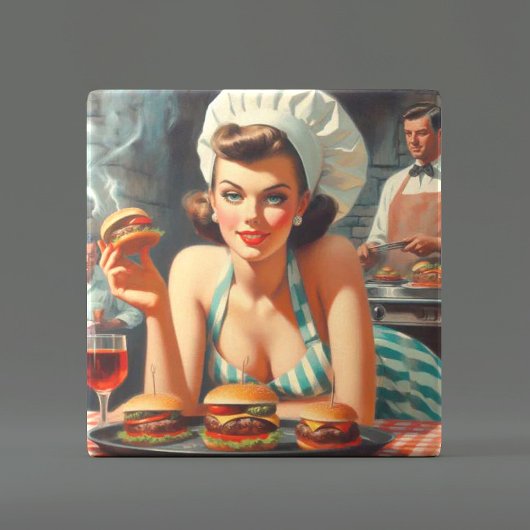 Vintage Burger BBQ Frau Fliese