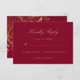 Vintage Burgindy Gold Floral Damask Script Hochzei RSVP Karte