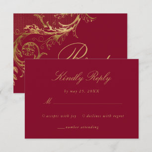 Vintage Burgindy Gold Floral Damask Script Hochzei RSVP Karte