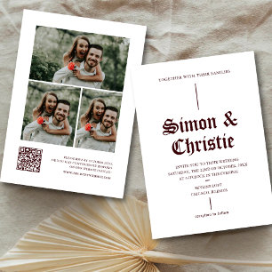 Vintage Burgund Foto-Collage QR-Code Hochzeit Einladung