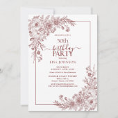 Vintage Burgunder Blumenstrasse Art 50. Geburtstag Einladung (Vorderseite)