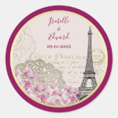 Vintage Burgunder Gold Pink Eiffelturm Blüten Runder Aufkleber (Vorderseite)