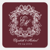Vintage Burgundy Elegant Wedding Monogram Crest Quadratischer Aufkleber (Vorderseite)