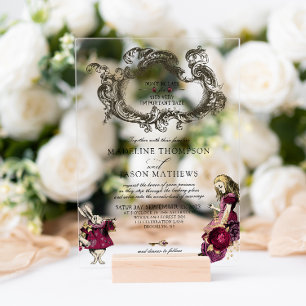 Vintage Burgundy Gold Alice im Wunderland Hochzeit Acryleinladungen