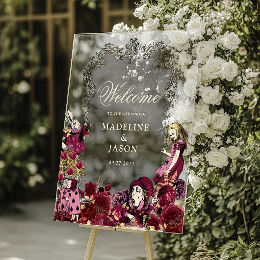 Vintage Burgundy Gold Alice im Wunderland Hochzeit Acrylschild