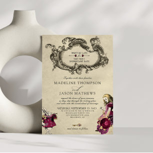 Vintage Burgundy Gold Alice im Wunderland Hochzeit Einladung