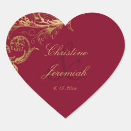 Vintage Burgundy Gold Floral Damask Script Hochzei Herz-Aufkleber