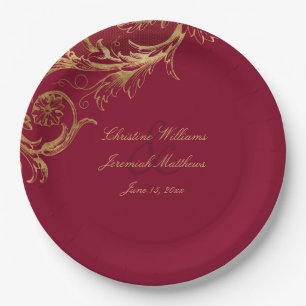Vintage Burgundy Gold Floral Damask Script Hochzei Pappteller