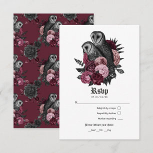 Vintage Burgundy Owls Gothic Wedding RSVP Karte
