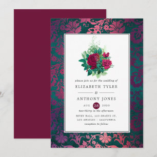 Vintage Burgundy Plum und Aquamarine Blumenhochzei Einladung