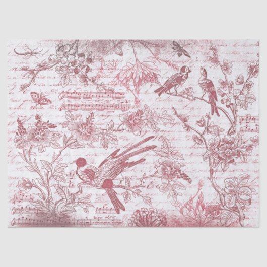 Vintage Burgundy Red Birds Blume Französisch Scrip Seidenpapier (Vorderseite)