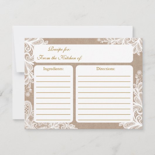 Vintage Burlap- und Lace-Brautparty-Rezept-Karte (Vorderseite)